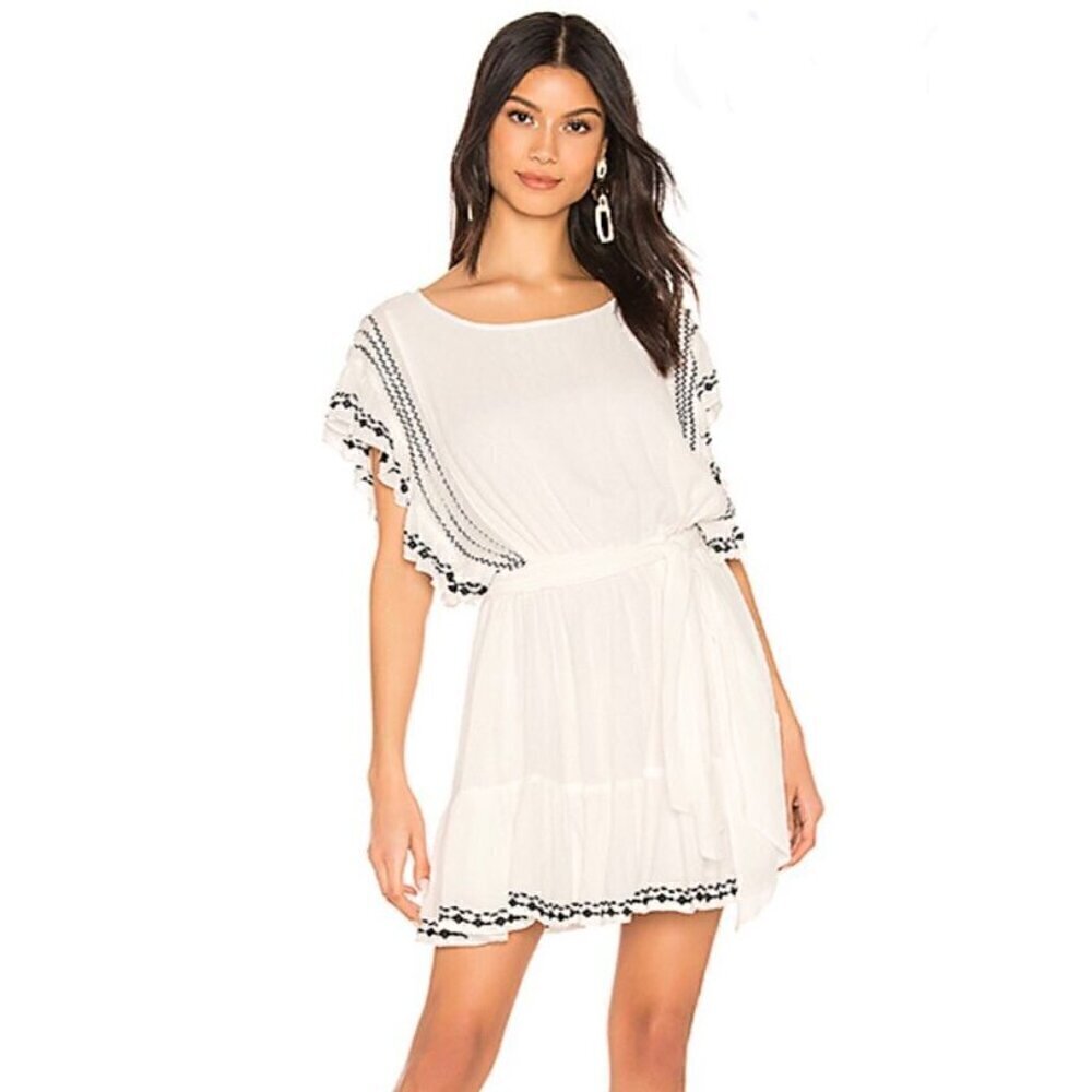Free People Weekend Brunch Embroidered Ruffle Mini Dress in Ivory